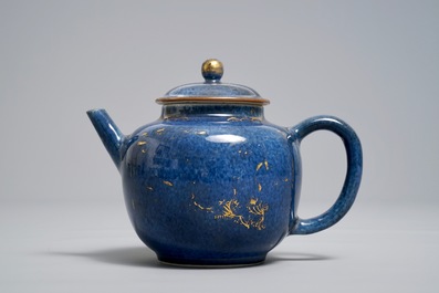 A Chinese powder blue and gilt teapot and cover, Kangxi