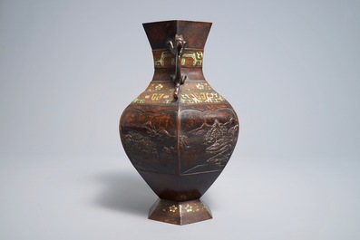 A Japanese bronze and champlev&eacute; vase, impressed mark, 19th C.