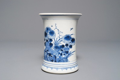 A Chinese blue and white brush pot with 'antiquities' design, Kangxi