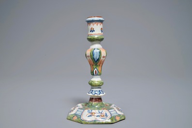 A polychrome Dutch Delft candlestick, 18th C.