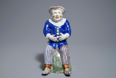 A polychrome Brussels faience figurative 'Jacquot' ewer, Stevens mark, 19th C.