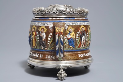 A Creussen stoneware mug dated 1656 with later Russian Faberg&eacute; silver mounts