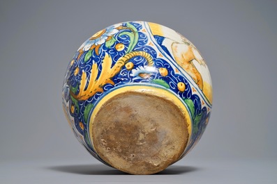 An Italian maiolica drug jar of 'vaso a palla' type, Venice, 2nd half 16th C.