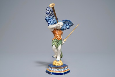 A polychrome Dutch Delft allegorical model of the angel 'Fame', 18th C.