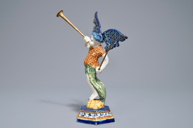 A polychrome Dutch Delft allegorical model of the angel 'Fame', 18th C.