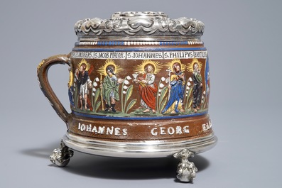 A Creussen stoneware mug dated 1656 with later Russian Faberg&eacute; silver mounts