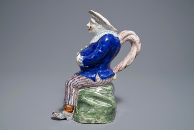 A polychrome Brussels faience figurative 'Jacquot' ewer, Stevens mark, 19th C.