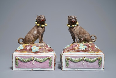 A pair of polychrome Tournai faience pugs, 18th C.