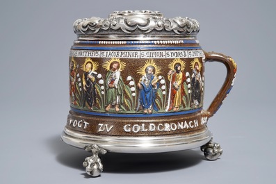 A Creussen stoneware mug dated 1656 with later Russian Faberg&eacute; silver mounts