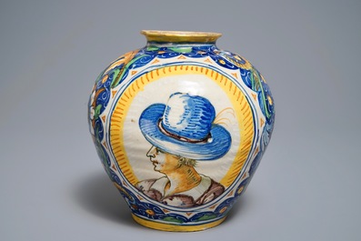 An Italian maiolica drug jar of 'vaso a palla' type, Venice, 2nd half 16th C.