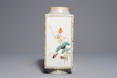 A Chinese famille rose cong vase with flowers and birds, Hongxian mark, 20th C.