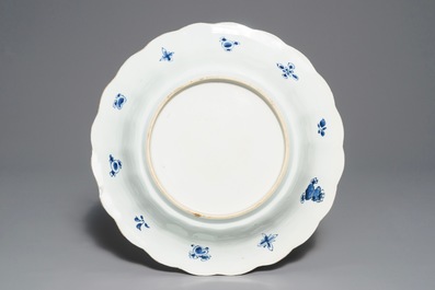 A lobed Chinese blue and white dish with fish, Kangxi