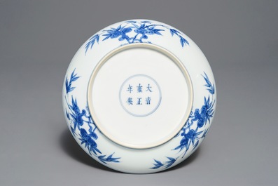 A Chinese blue and white 'cranes' plate, Yongzheng mark and of the period