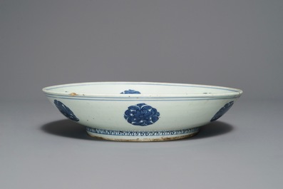 A Chinese blue and white 'cranes' dish, Jiajing mark and of the period