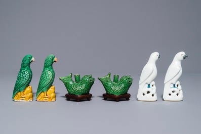 Two pairs of verte biscuit and blanc de Chine parrots and a pair of water droppers, Kangxi and later