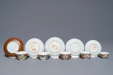 Five Chinese famille rose cups and saucers, Yongzheng/Qianlong
