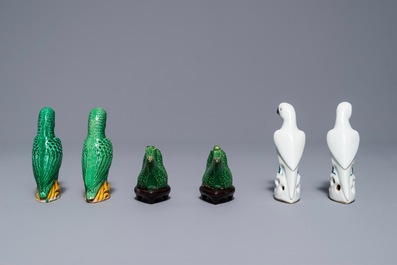 Two pairs of verte biscuit and blanc de Chine parrots and a pair of water droppers, Kangxi and later