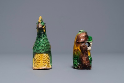 Two Chinese verte biscuit waterdroppers shaped as a rooster and a lion, Kangxi