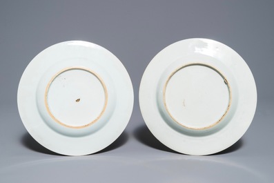 A pair of Chinese famille verte and powder blue plates, Kangxi