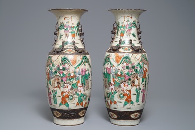 A pair of Chinese Nanking famille rose vases with warriors, 19th C.