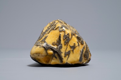 A Chinese carved Shoushan soapstone boulder with landscape design, 19/20th C.