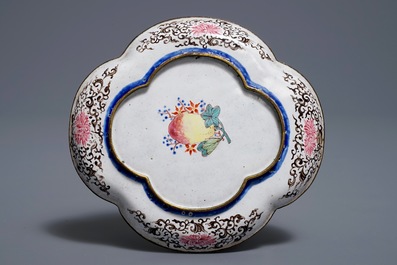 A Chinese Canton enamel quatrefoil 'Europeans' dish, Qianlong