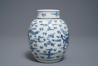 A Chinese blue and white 'dragon and phoenix' jar and cover, Kangxi/Yongzheng