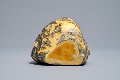 A Chinese carved Shoushan soapstone boulder with landscape design, 19/20th C.