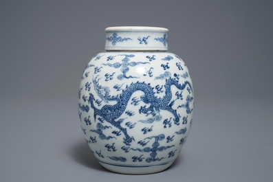 A Chinese blue and white 'dragon and phoenix' jar and cover, Kangxi/Yongzheng