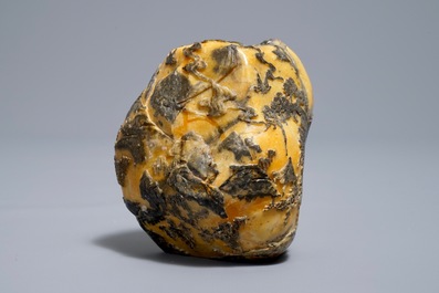 A Chinese carved Shoushan soapstone boulder with landscape design, 19/20th C.