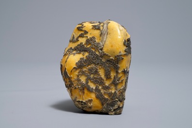 A Chinese carved Shoushan soapstone boulder with landscape design, 19/20th C.