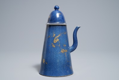 A Chinese powder blue and gilt 'lighthouse' type coffee pot and cover, Kangxi