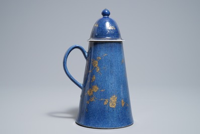 A Chinese powder blue and gilt 'lighthouse' type coffee pot and cover, Kangxi