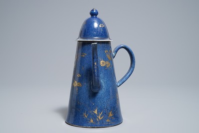 A Chinese powder blue and gilt 'lighthouse' type coffee pot and cover, Kangxi