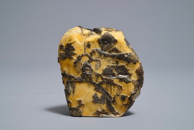 A Chinese carved Shoushan soapstone boulder with landscape design, 19/20th C.