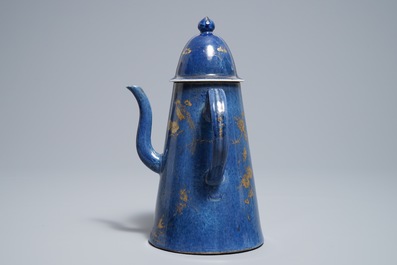 A Chinese powder blue and gilt 'lighthouse' type coffee pot and cover, Kangxi