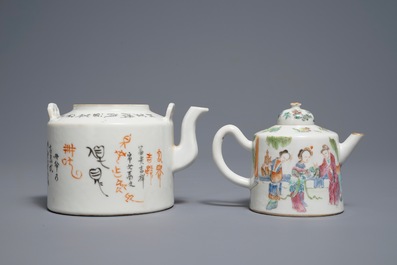 Deux th&eacute;i&egrave;res en porcelaine de Chine famille rose et qianjiang cai, 19/20&egrave;me