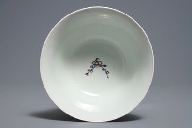 A Chinese blue, white and red on celadon ground 'prunus' bowl, Kangxi