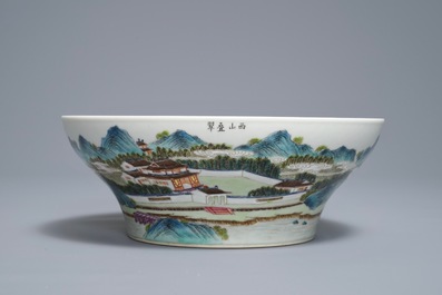 A Chinese famille rose landscape bowl, Jiaqing mark, 20th C.