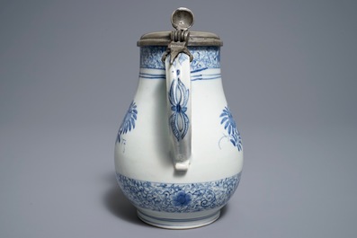A Japanese blue and white pewter-mounted Arita jug, Edo, 17/18th C.