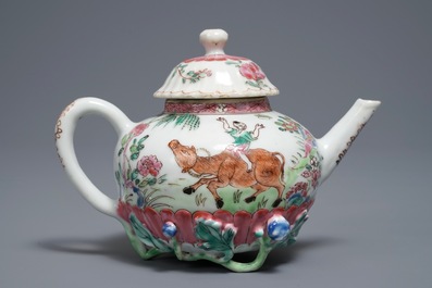 A Chinese famille rose teapot and cover with applied decoration of flowers and vines, Yongzheng