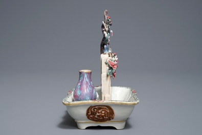 A Chinese famille rose basin with birds, prune tree and a vase, Qianlong