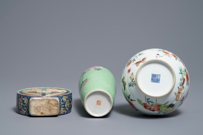 Three Chinese famille rose vases, two with Qianlong marks, 19/20th C.