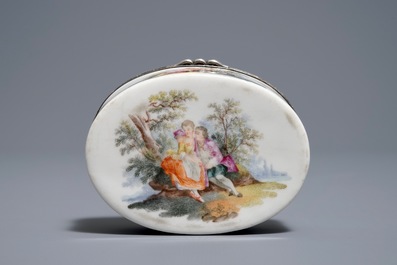 A gilt silver-mounted porcelain snuff box and cover, France or Germany, 18th C.