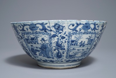 A large Chinese blue and white kraak porcelain bowl with figurative panels, Wanli