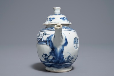 A Chinese blue and white moulded teapot and cover, Kangxi