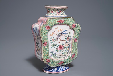 A Chinese Canton enamel vase with birds on flowering branches, Qianlong