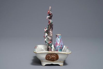 A Chinese famille rose basin with birds, prune tree and a vase, Qianlong