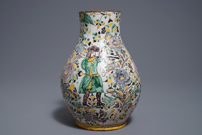 A Habaner pottery jug with a hunting scene, monogram IL, Slovakia, 18th C.