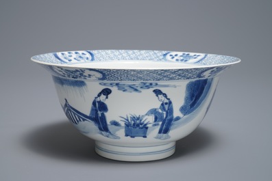 A Chinese blue and white klapmuts bowl with figural design, Jiajing mark, Kangxi
